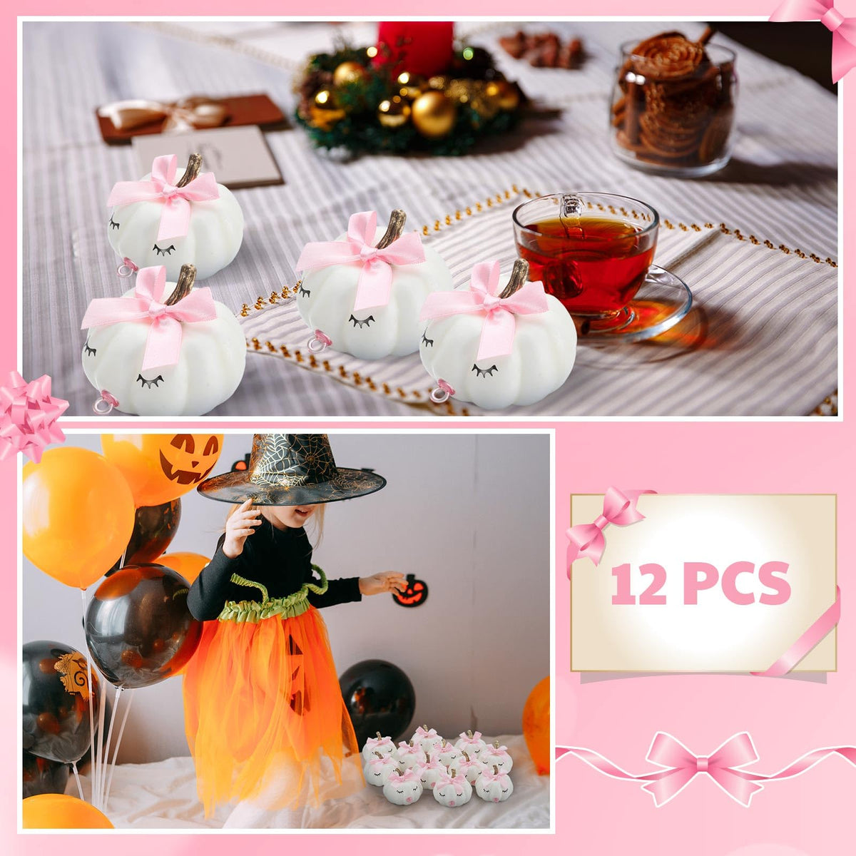 Nuanchu 12 Sets DIY Pumpkin Painting Kit for Party 12 Foam Craft Pumpkins, 12 Pink Bows 12 Pink Sucking Ring 28 Pairs of Eyelash Sticker for Birthday Table Decor Adult