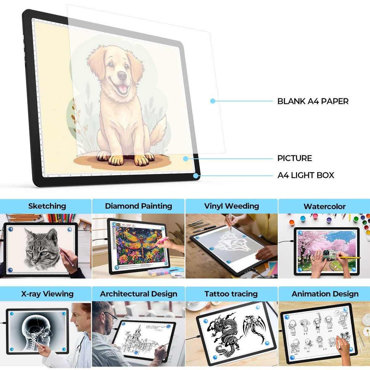Heanolier A4 LED Copy Board Light Tracing Box,Super Bright Magnetic Light pad with Side physical Buttons,Adjustable Corded Light Table for Tattoo Transferring,Drawing, Light Board for Diamond Painting