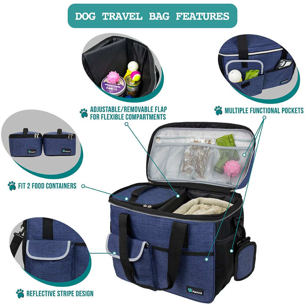 PetAmi Dog Travel Bag, Travel Pet Bag Organizer, Dog Food Travel Bag with Food Container and Bowls, Dog Travel Supplies Gift Accessories for Weekend Camping, Dog Cat Diaper Bag (Navy, Medium)