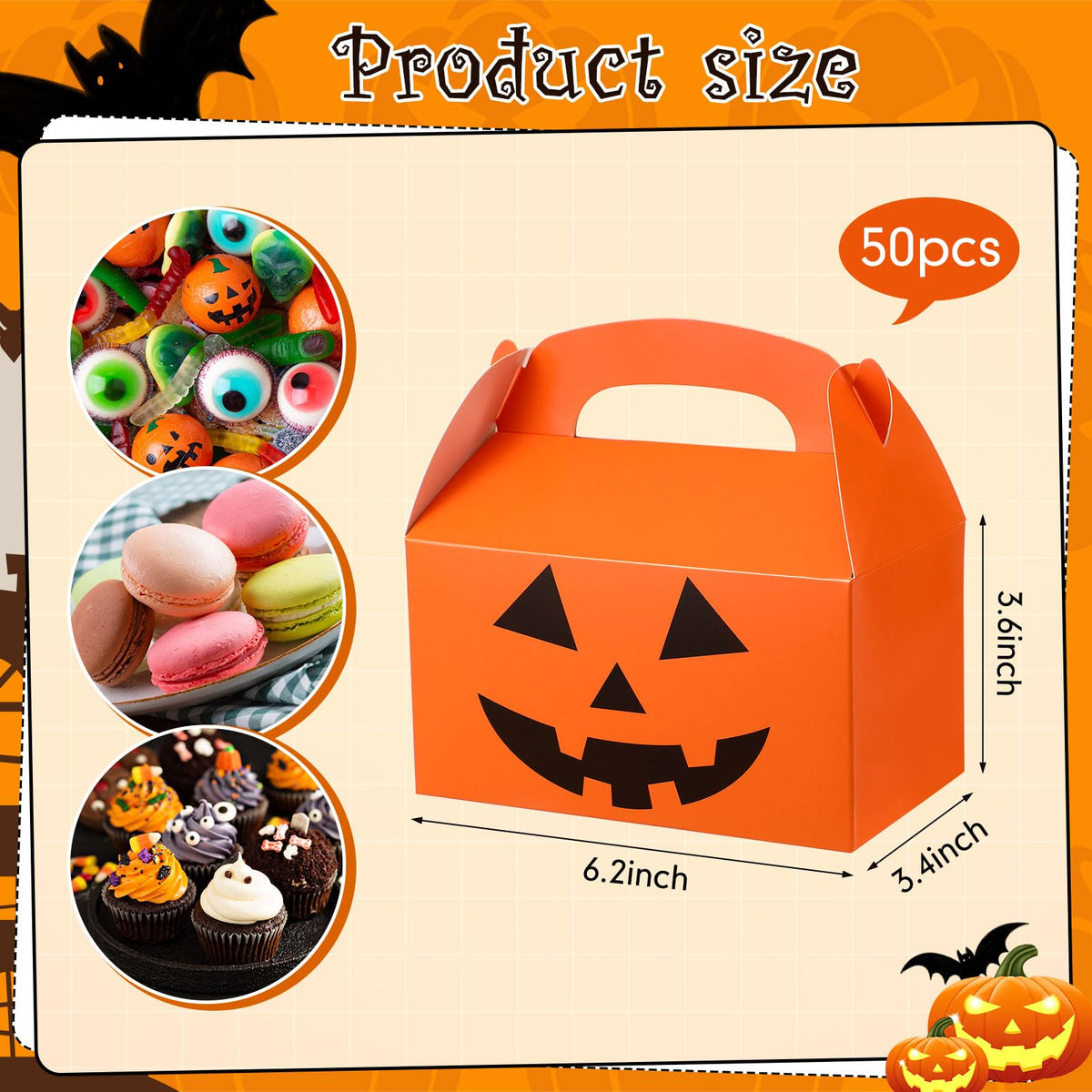 Lincia 50 Pcs Halloween Treat Boxes Candy Boxes Cardboard Pumpkin Box Set Holiday Goodie Bags Bulk for Halloween Birthday Party Treat Cookies Party Favors