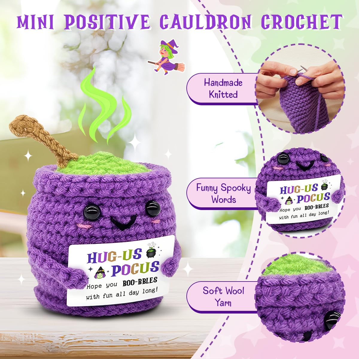 Veryhomy Halloween Positive Cauldron Pot Crochet – Emotional Insprirational Support Gifts for Women Men - Cheer Birthday Gifts for Friends Sister Dad Mom Coworker – Halloween Party Decor Crochet Gift