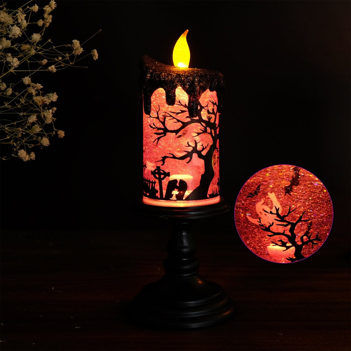 Eldnacele Halloween Snow Globe Candles Lighted Lamp, Battery Operated Spinning Water Glittering Tornado Flameless Candles Table Centerpiece for Halloween Decoration Indoor(Ghost)