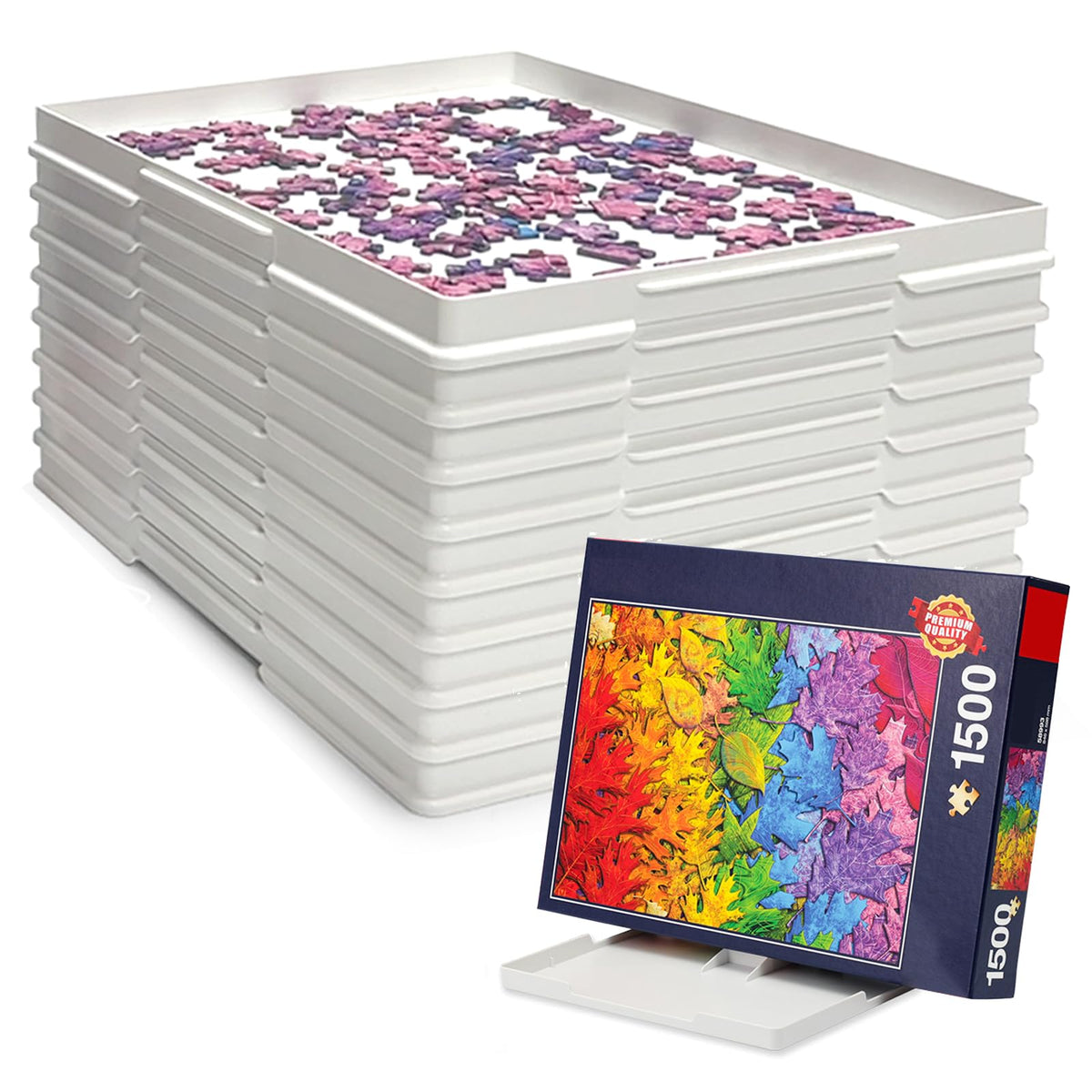 Playboda 9-Pack Puzzle Sorting Trays with Lid that Doubles as a Puzzle Box Stand – 11" x 9" Stackable Trays for 1000–1500 Piece Jigsaw Puzzles, Great Gift for Adult Puzzle Lovers