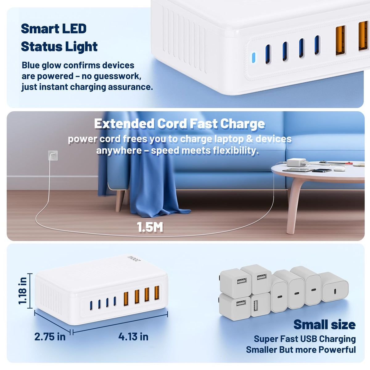 Essri 8-Port USB C Charging Station,65W GaN USB C Charger Block,PD 3.0 Desktop Charger, Power Strip Adapter Compatible with iPhone 17/16/15/14,MacBook Air/Pro,DELL, iPad Pro,Galaxy and More,White