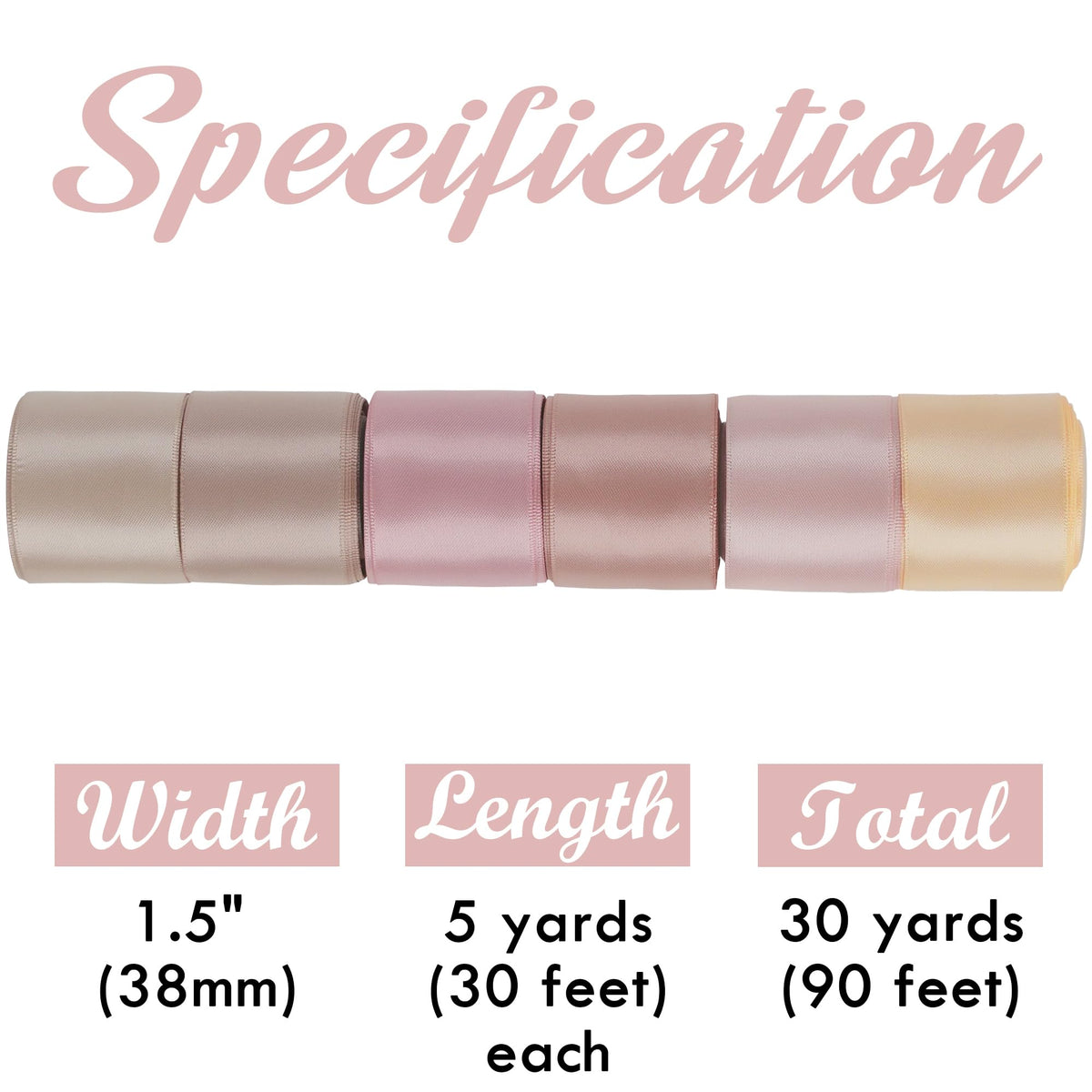 HUIHUANG Rose Pink Ribbon 1-1/2" Dusty Rose/Rose Gold/Rose Pink/Rosy Mauve/Vanilla/Peach Satin Ribbons for Wedding Flower Bouquet Bows Bridal Gift Wrap and Crafts- 6 Rolls, Total 30 Yards
