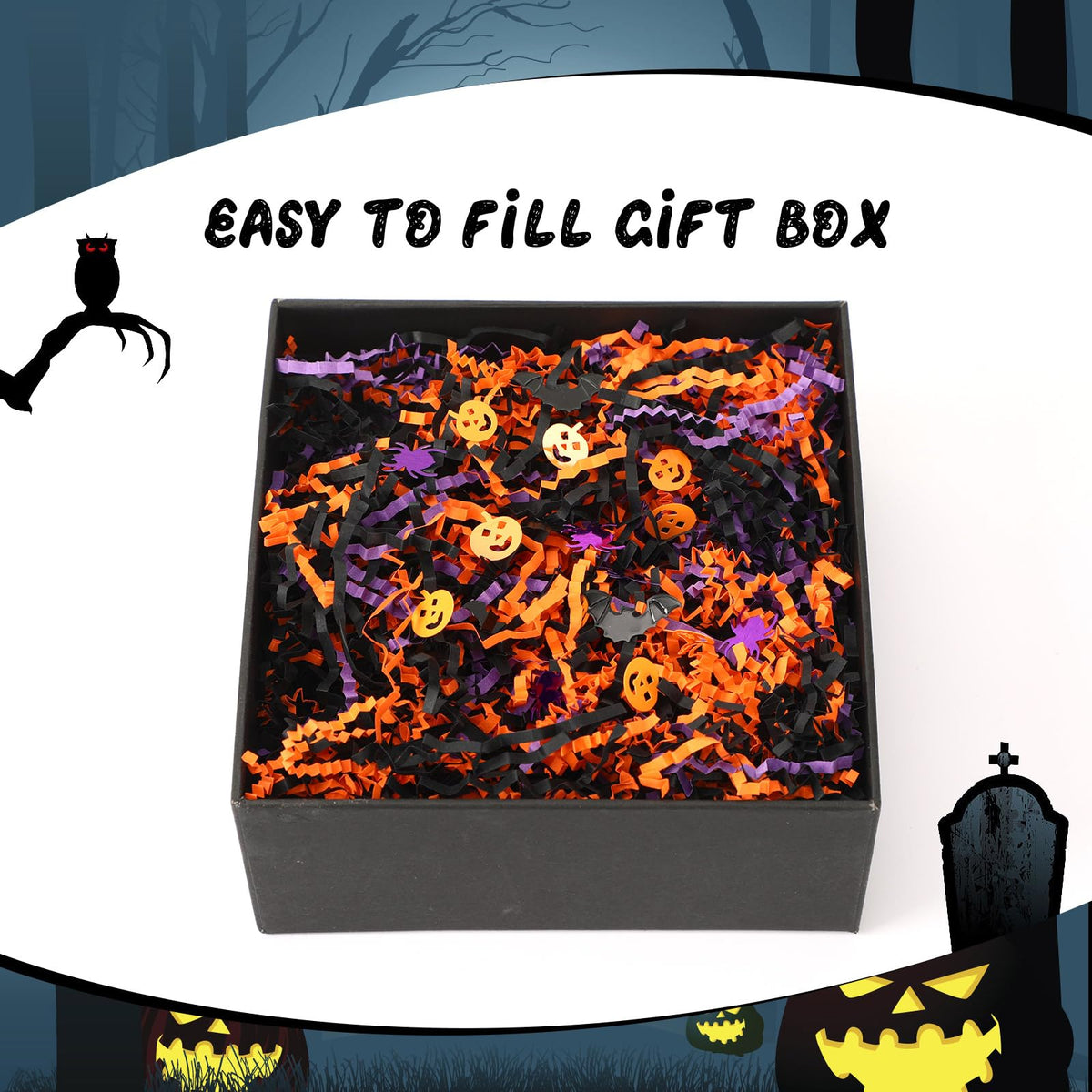 Jansun Halloween Black Orange Purple Crinkle Cut Paper and Confetti, 453g/16oz Shred Filler with Pumpkin Spider Bat Confetti for Gift Wrapping Craft DIY Basket Filling Trick or Treat Candy Decorations