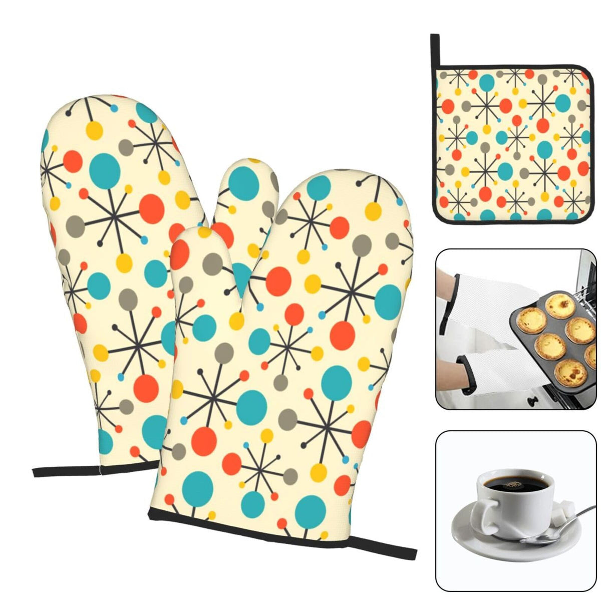 Mid Century Fifties Modern Atomic Retro Oven Mitts and Pot Holders Sets of 3, Yellow Kitchen Decor or Accessories, Heat Resistant Hot Pads Oven Gloves,Cooking Grilling Baking Gifts for Women