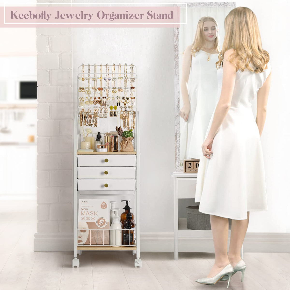 Keebofly Jewelry Organizer Stand with 3 Drawers, Large Necklace Holder & Earring Organizer Rack, Wooden Jewelry Tree Tower for Rings, Bracelets, Sunglasses and Skincare, Gift for Women, White