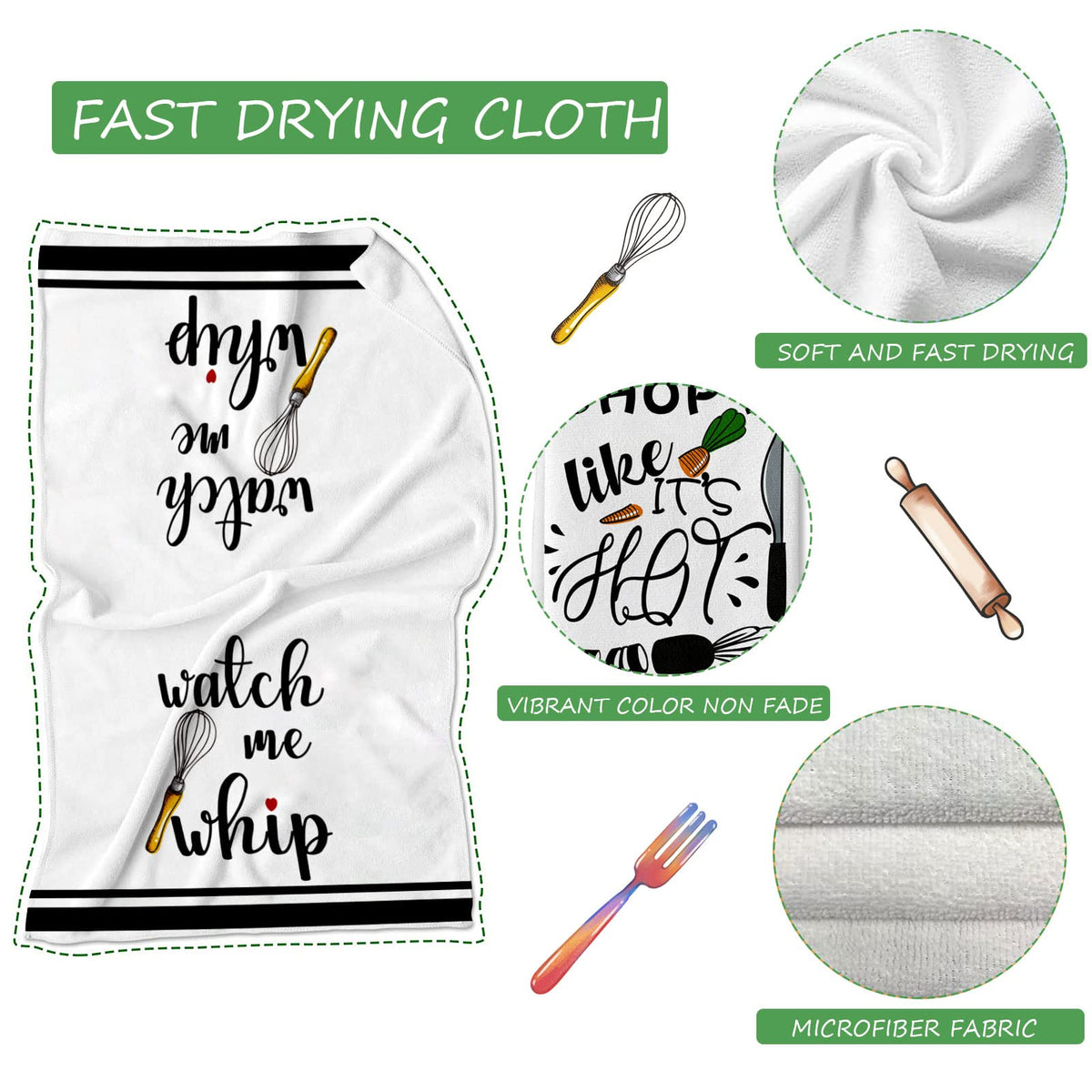 Lebsitey Funny Kitchen Towels and Dishcloths Sets of 4 Kitchen Towels with Sayings Egg Beater Rolling Pin Absorbent Drying Tea Dish Towel for Cooking Baking Home Decorations,18 x 28 Inch