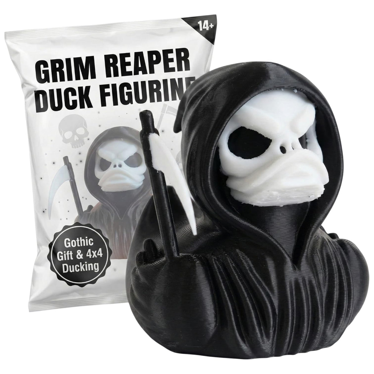 Grim Reaper Duck Collectible Figurine - Macabre Gothic Horror Desk Accent for Unique Shelf Display or Gift - 3D Printed in Canada