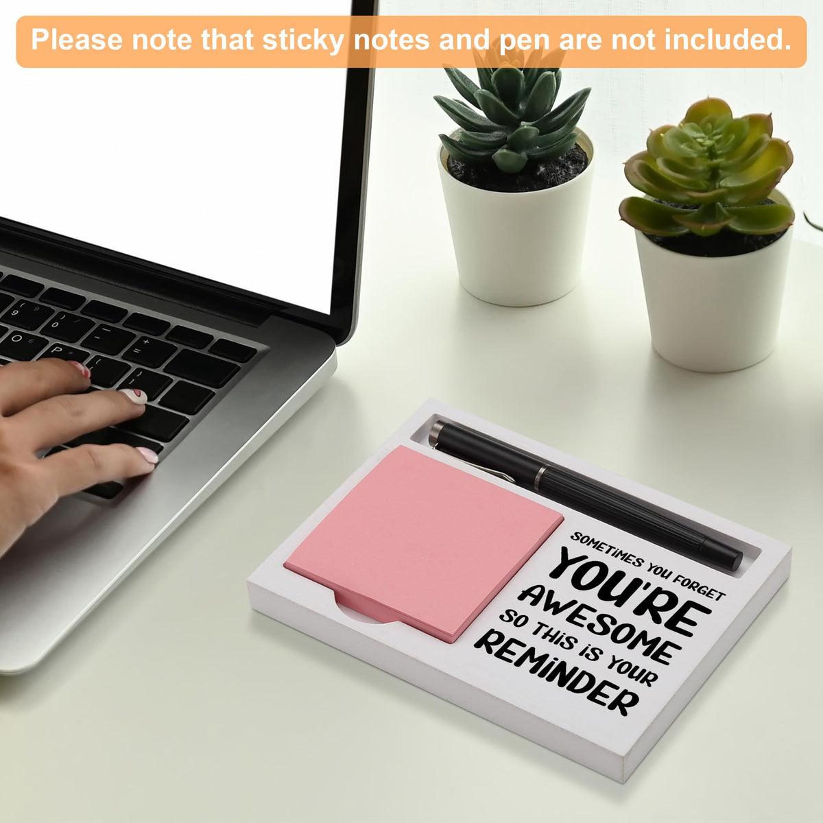 You're Awesome Desk Note Holder Motivational Gift for Coworker Friend Boss, White Wood Pen and Sticky Note Organizer Tray, Inspirational Office Decor for Women Men, Appreciation Gift, NPB604