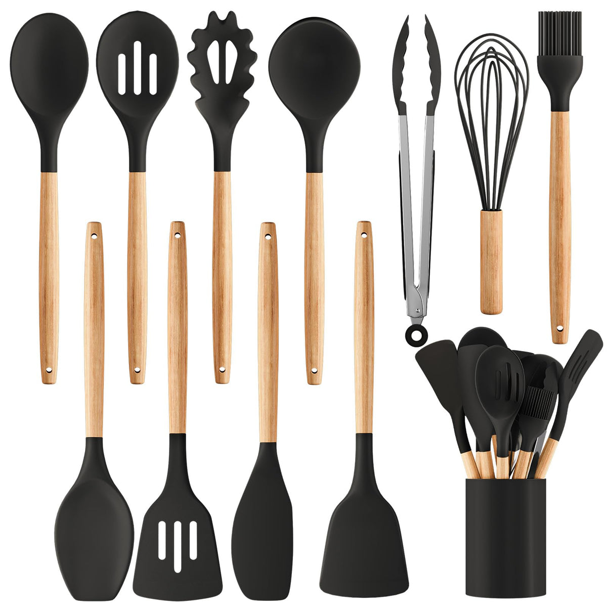 Silicone Cooking Utensil Set,12 PCS Cooking Cookware Kitchen Utensils Set for Cooking, Nonstick 446°F Heat-Resistant Cookware Kitchen Tools of Spoon,Brush,Whisk,Spatula,Turner Tongs (Black)