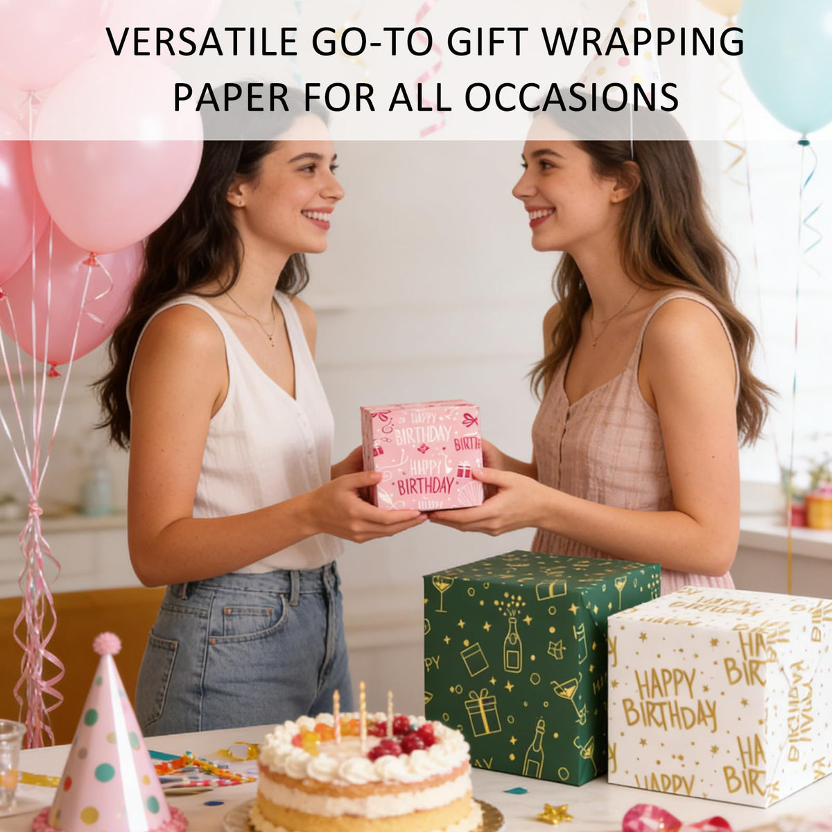 Lenpel Birthday Wrapping Paper Roll 3-Pack, 17 x 200 Inch Gift Wrap in Pink, Green & Gold, Birthday Wrapping Paper for Women, Kids and Adults, Perfect for Birthday Gift Wrapping