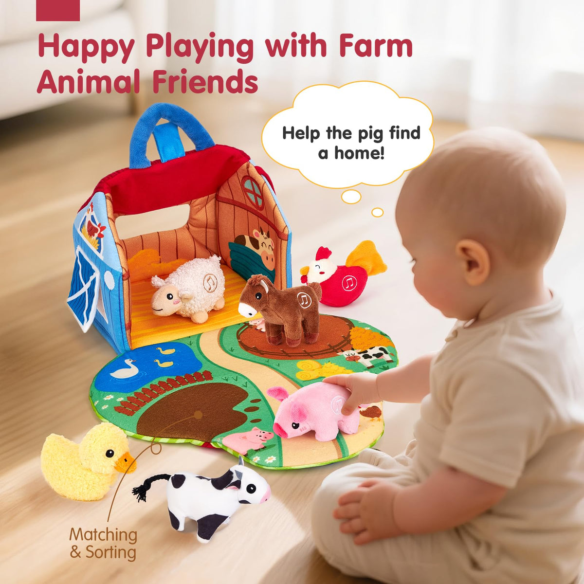 hahaland Baby Toys 6-12 Months - Surprise Barn with Stuffed Farm Animals with Real Sounds - Montessori Toys for 6 Month Old Baby Gifts Toddlers Sensory Toy 1 Year Old Boy Girl Gifts Infant Toys