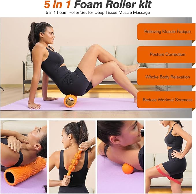5 in 1 Foam Roller Set - Trigger Point Foam Back Roller, Muscle Roller Stick, Massage Ball, Stretching Band for Deep Muscle Massage Pilates Yoga,Fitness Exercise for Whole Body Release (Orange)