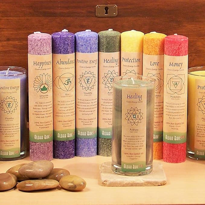 Premium Scented Candle Hand Made Chakra Energy Pillar | 4-pack | Protection, Manipura | Yoga, Prayer & Meditation Candle | Long Burn 15 Hours |Essential Oils of Bergamot, Lime & Grapefruit | Aloha Bay