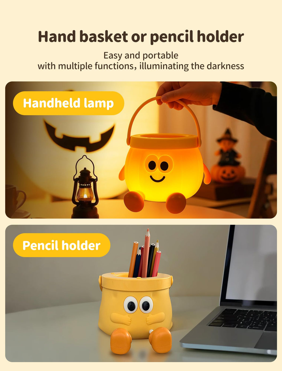 Tarinks Pumpkin Night Light for Kids, Rechargeable Bedside Lamp, Portable Handheld Lamps, Pumpkin Lantern Lamp for Office, Room Decor, Cute Sleep Nightlight, Funny Gifts for Baby Teen Adult