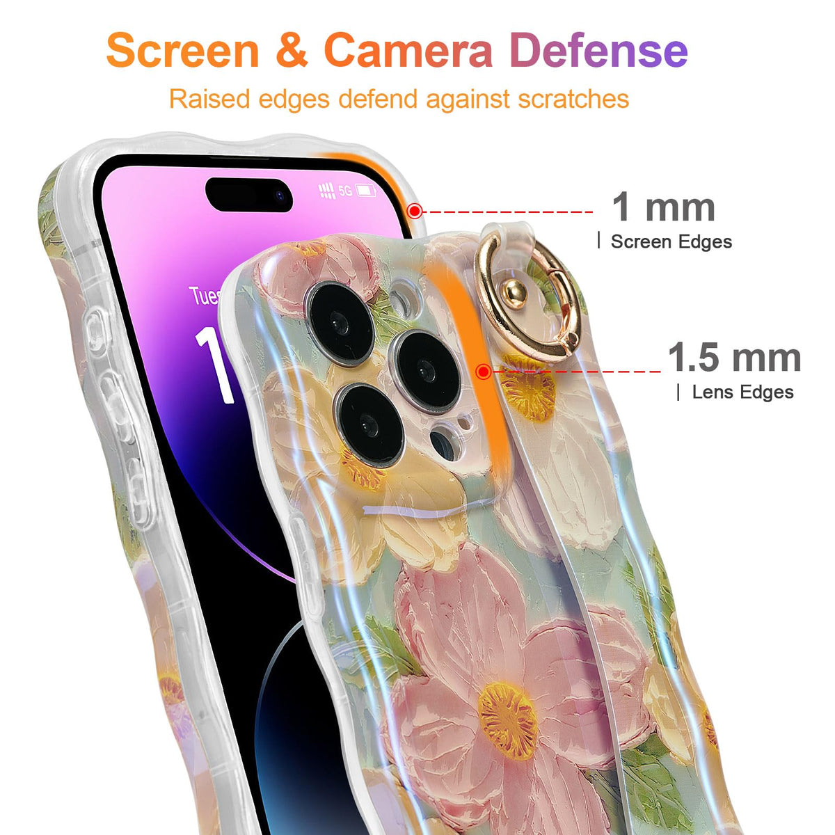 EYZUTAK Case with Hand Strap for iPhone 15 Pro, Colorful Oil Painting Flower Case with Wristband Kickstand Laser Curly Wave Edge Stylish Durable TPU Protective Cover for Women - Green