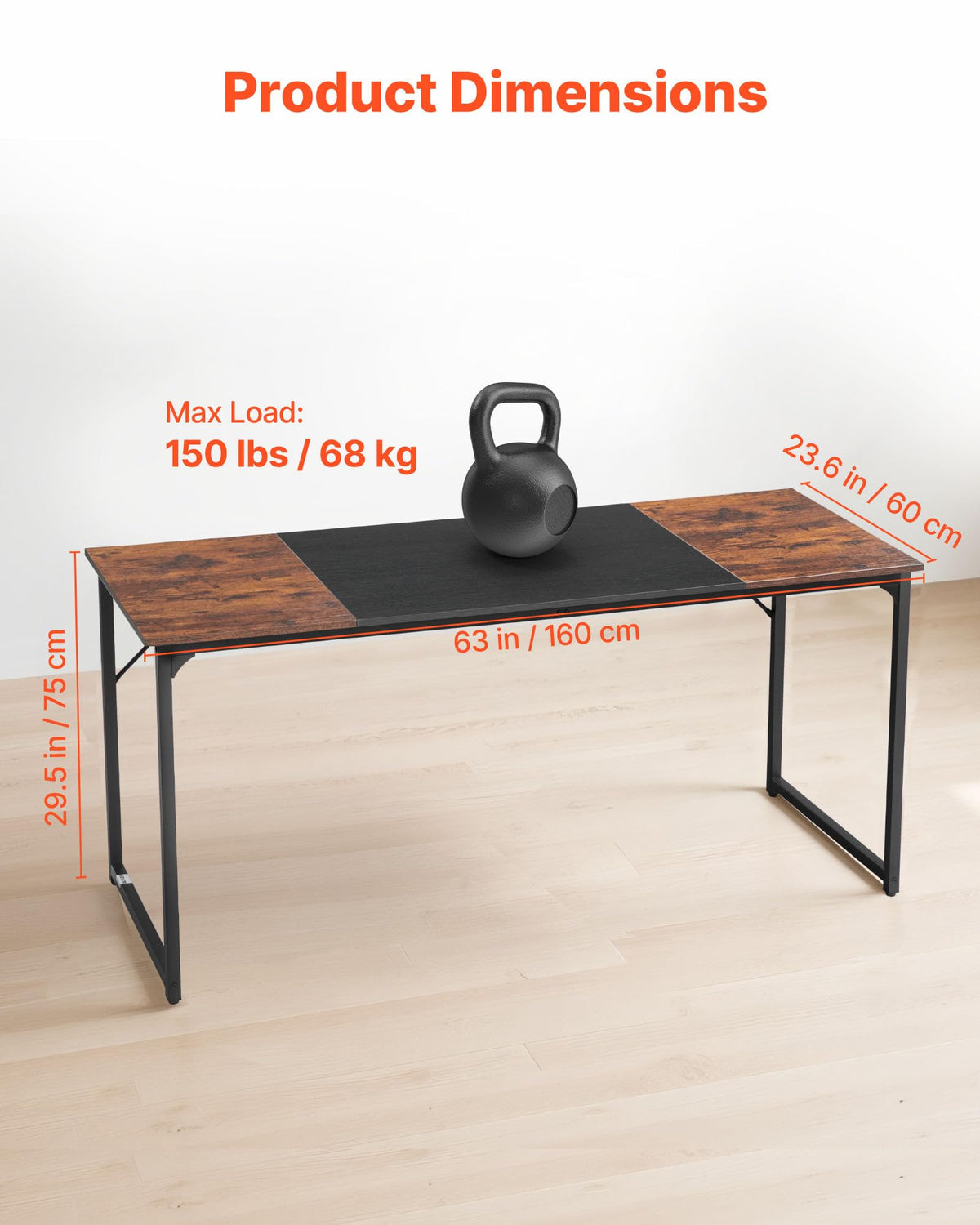 VEVOR Computer Desk, 63 Inch Office Gaming Desk for Home Office, Writing Study Work Modern Simple Table with Metal Frame for Large Legroom, Rustic Brown and Black