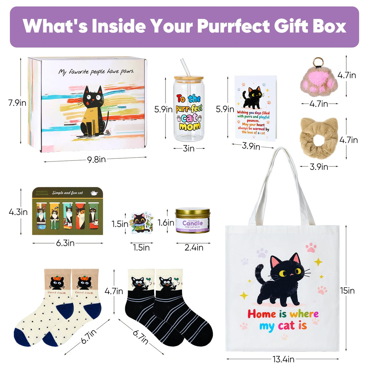 Cat Lover Gifts for Women, Valentine's Gift Box with Glass Cup, Socks, Candle, Tote Bag & Greeting Card | Unique Cat Themed Presents for Birthday, Mother’s Day gifts，