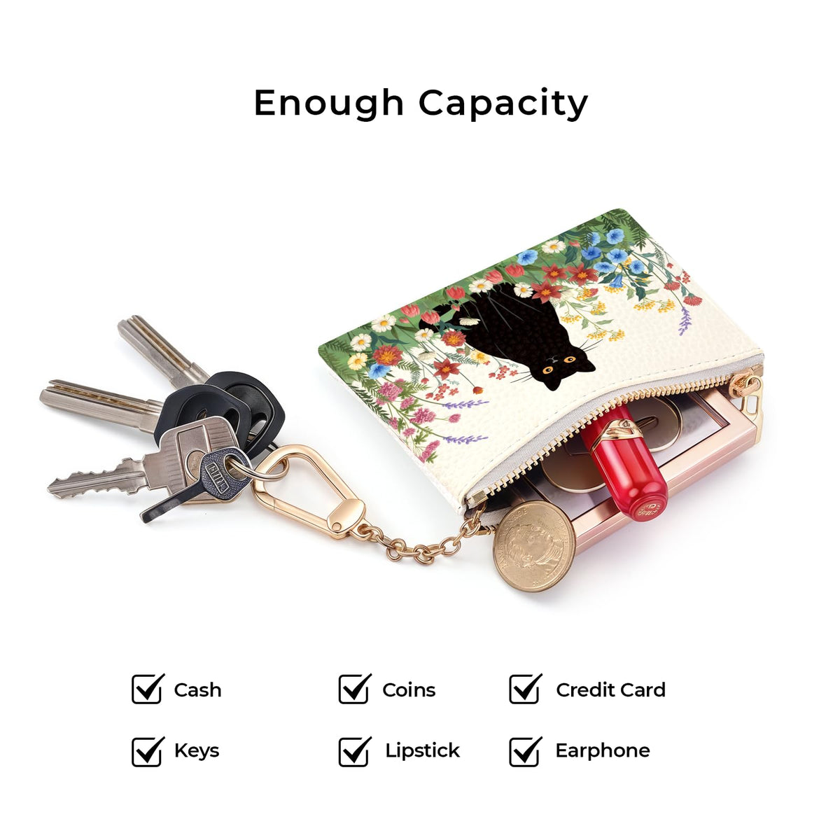 Sukyerios Black Cat Flower Floral Keychain Coin Purse for Women, Small PU Leather Change Pouch, Zipper Little Tiny Travel Wallet for Girls, Cute Kawaii Zip Pocket Coin Holder with Key Ring