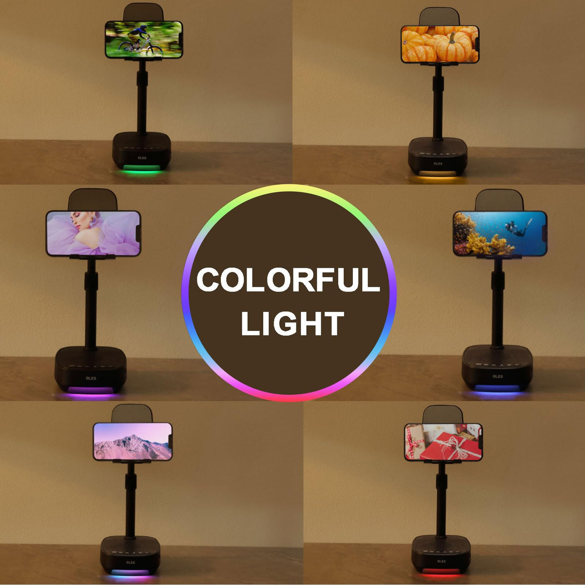 OLES Gifts for Men Women, Adjustable Cell Phone Stand with Wireless Bluetooth Speaker(7-11''Height), Unique Birthday Gifts for Dad Mom Him, Phone Holder Led Color Light for iPhone/Android/Tablets