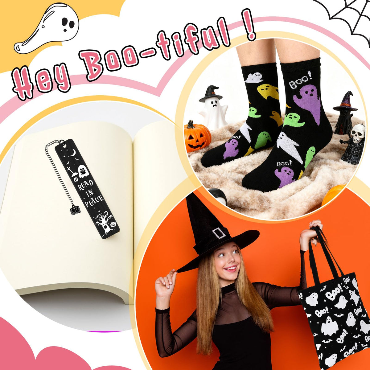 Paterr 5 Pcs Halloween Boo Basket Gift Set Spooky Tote Bag Cute Bookmarks Ghost Socks Bat Scrunchy Greeting Card Boo Basket Stuffer for Women