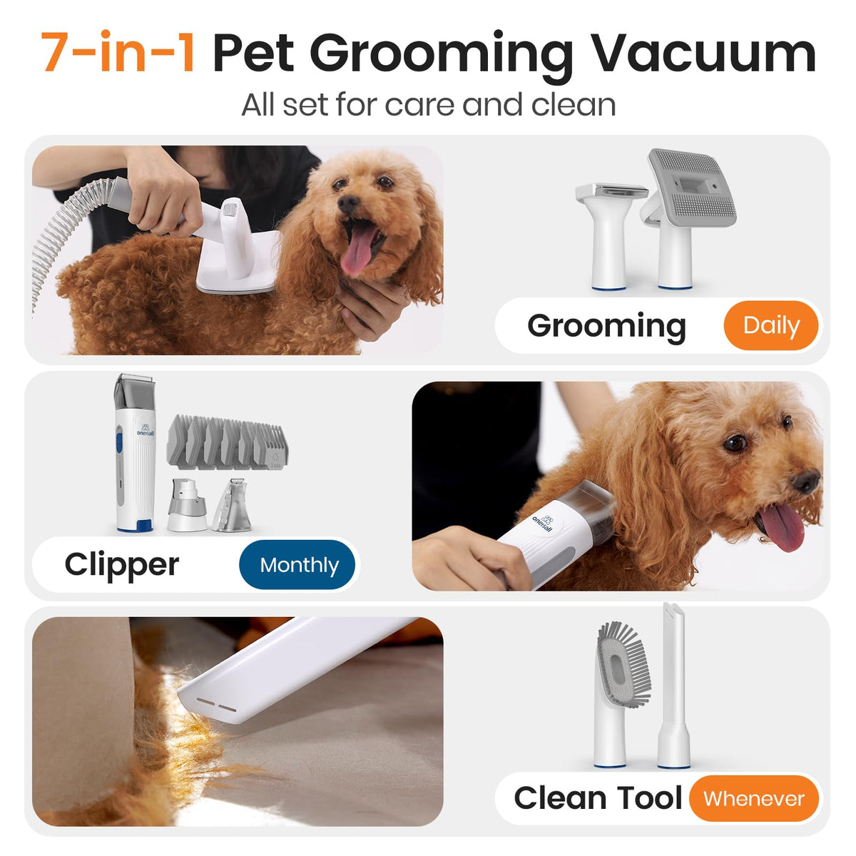 oneisall Dog Grooming Vacuum, Pet Grooming Vacuum with Clipper Nail Grinder, 1.5L Dust Cup Dog deshedding Brush with 7 Tools for Shedding Pet Hair, Home Cleaning(Blue)