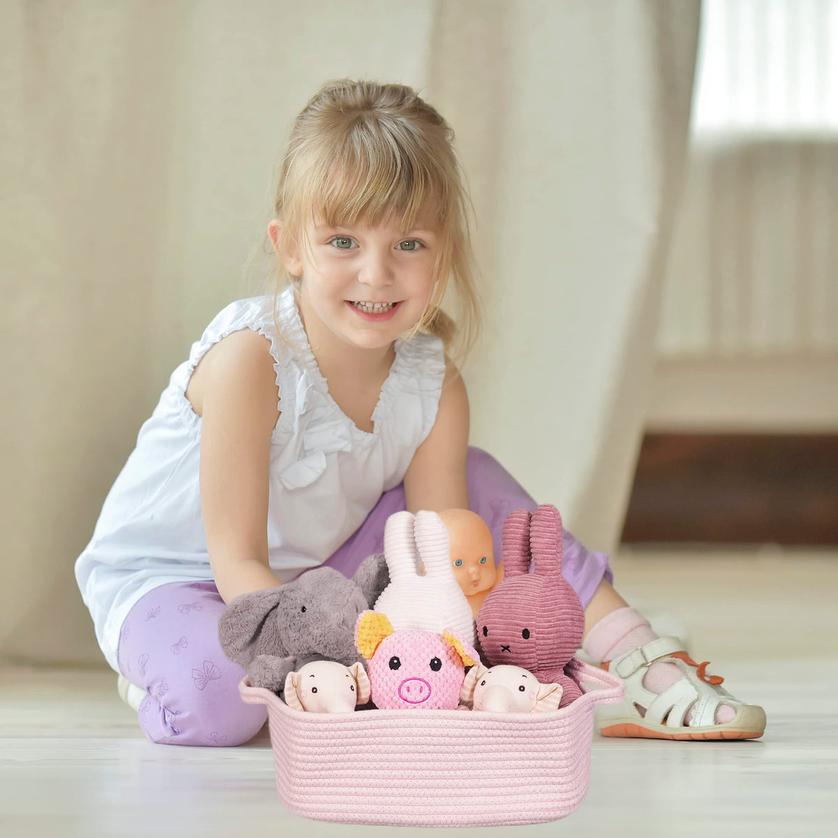 Woven Cotton Rope Storage Basket with Handles for Organizing Shelves Closet Small Cat Dog Pet Toy Baskets Box Bin Decorative Rectangle Baby Nursery basket Gift Basket Empty Light pink