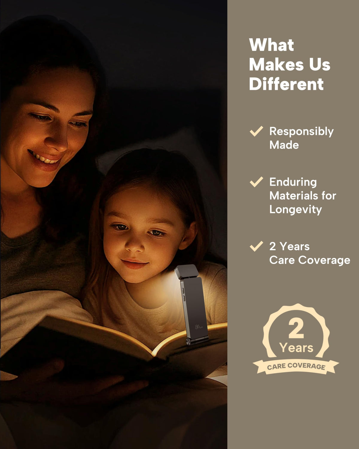 86lux Book Light, Rechargeable Clip-On LED Reading Light for Bed & Night Use - 3 Color Temperatures with Stepless Dimming, Ultralight Bookmark Design for Kids, Book Lovers, Grey