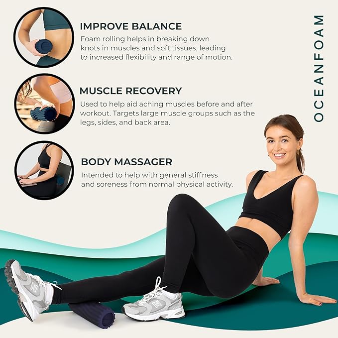 Oceanfoam Ripple Travel Foam Roller (11" x 3.35") Firm Mini Foam Roller for Physical Therapy, Deep Tissue Massage, Back Pain, High Density, Ergonomic Wave Textured, Yoga, Pilates, Exercise (Dark Navy)