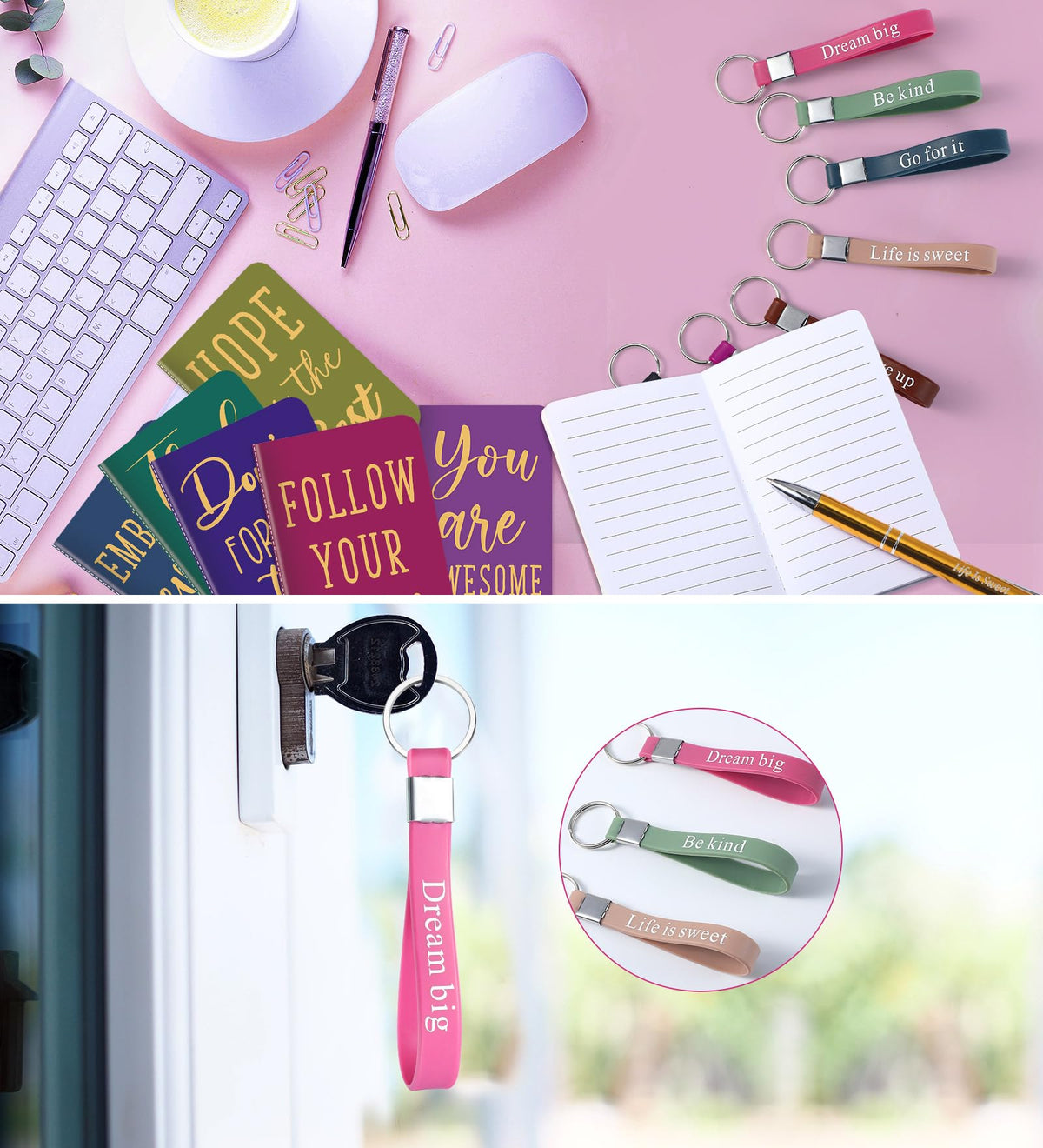 PerKoop 48 Pcs Inspirational Gifts Set Inspirational Quote Notepads 3 x 5 Inch Motivational Ballpoint Pens Keychains Bulk Colorful Journal Notebooks for School Office Party Favor Supplies