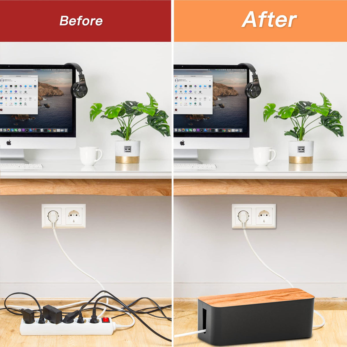 Cable Management Box 2 Pack with 16 Cable Clips Set-Large & Medium & Small Wooden Style Cable Organizer Box to Hide Wires&Power Strips | Cord Organizer Box | Cable Organizer for Home & Office [Black]