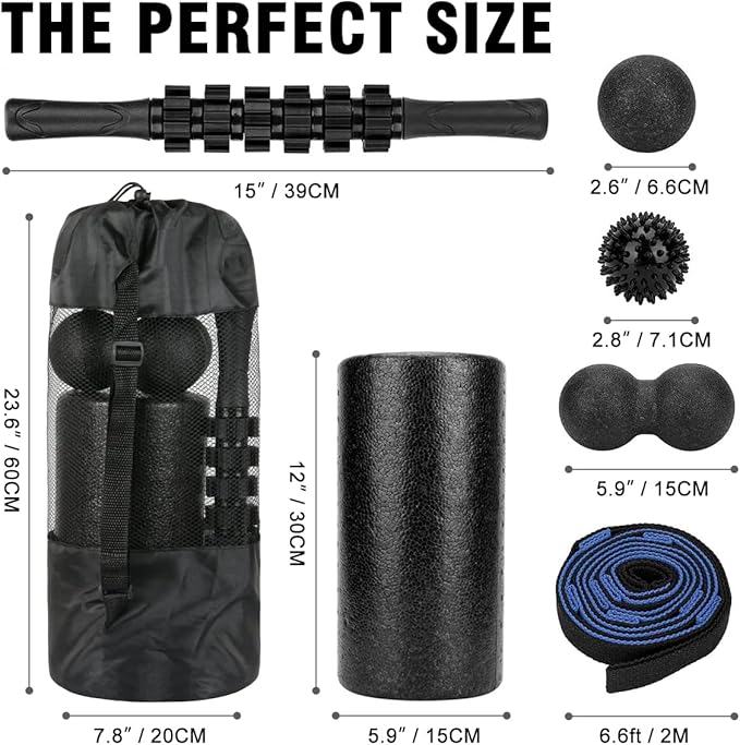 Foam Roller Set - High Density Back Roller, Muscle Roller Stick,2 Foot Fasciitis Ball, Stretching Strap, Massager Ball for Whole Body Physical Therapy & Exercise, Yoga, Back Pain, Leg, Deep Tissue