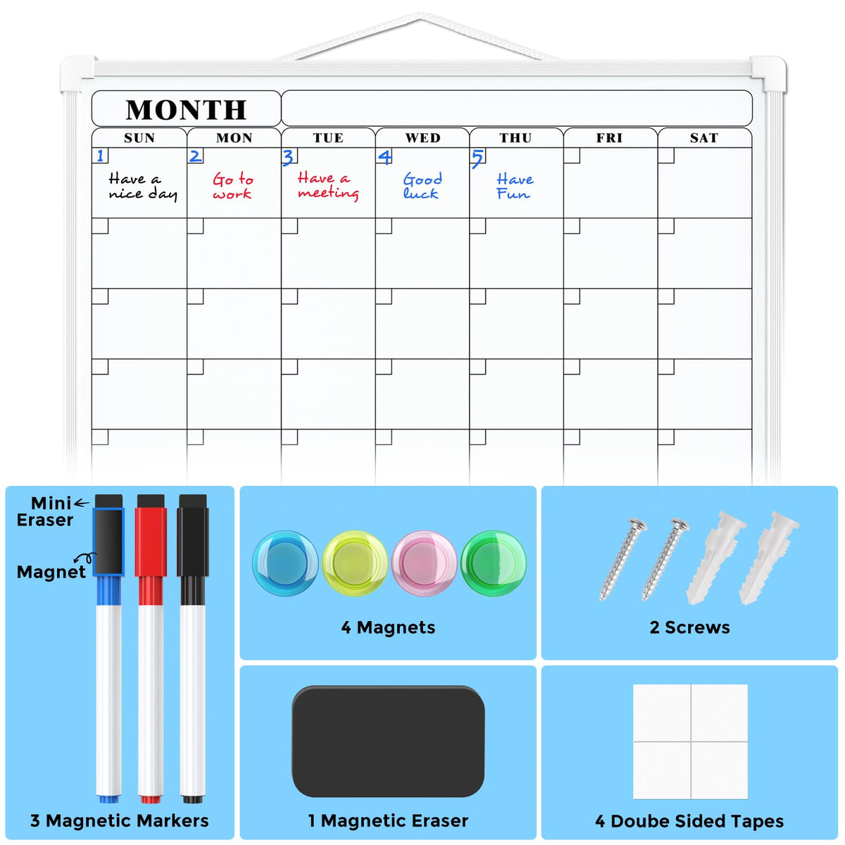 MaxGear Monthly Calendar Dry Erase Board for Wall, 16"x12" Small Hanging Double-Sided White Board, Portable Whiteboard for Planning, Drawing, Memo, to Do List, School, Home, Kitchen, Office