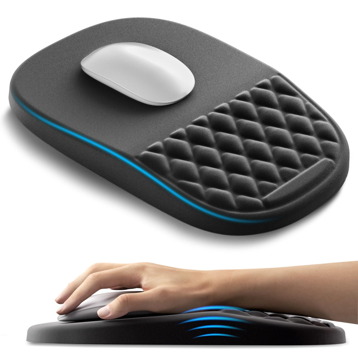 AUEDROT Ergonomic Mouse Pad with Wrist Rest 2 in 1 Mousepad with Wrist Support, Memory Foam Desk Mouse Mat with Massage Nubs & Gel PU Non-Slip Base, Suitable for Office & Gaming, Black