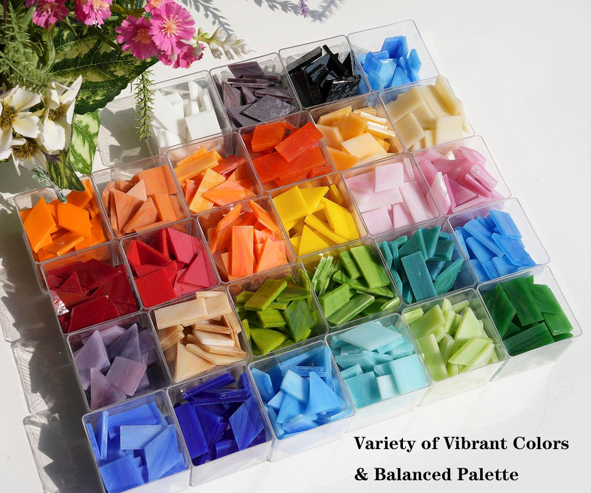 Lanyani Medium Size Glass Mosaic Tiles Pieces 1.3 Pounds Bulk, 400pcs Mixed Vibrant Color Stained Glass Pieces Tile for DIY Crafts Mosaic Making, Pre-Cut Tiles in 4 Shapes