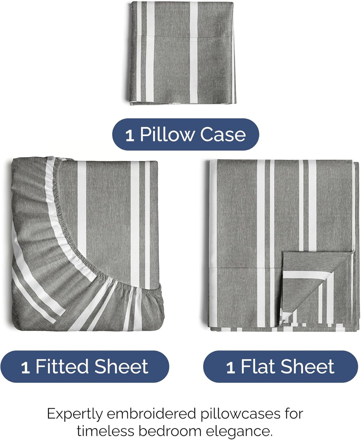Skiennix Twin XL 3-Piece Sheet Set - Comfy Cooling Bed Sheets with Deep Pockets - Grey Stripes