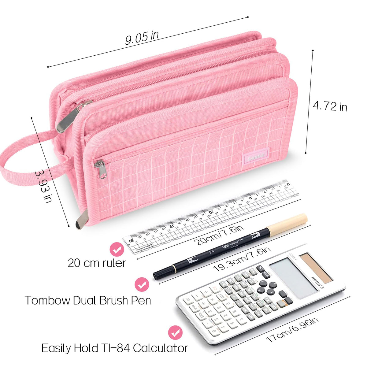 Sooez Large Pencil Case, Big Capacity Pencil Pouch Pen Bag with 3 Compartment, Portable Canvas Stationery Organizer with Zipper, Cute Aesthetic School Supplies for Teen Girls College, Pure Purple