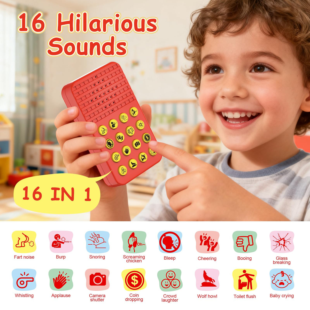 GEERAY Sound Effects Machine, 16 Hilarious Sounds, Include Fart, Applause, Laughter and More, Pocket Sized Funny Noise Maker Toys for Boys Ages 8-13, Cool Gadgets Gag Gifts for Kids Teens Boys Girls