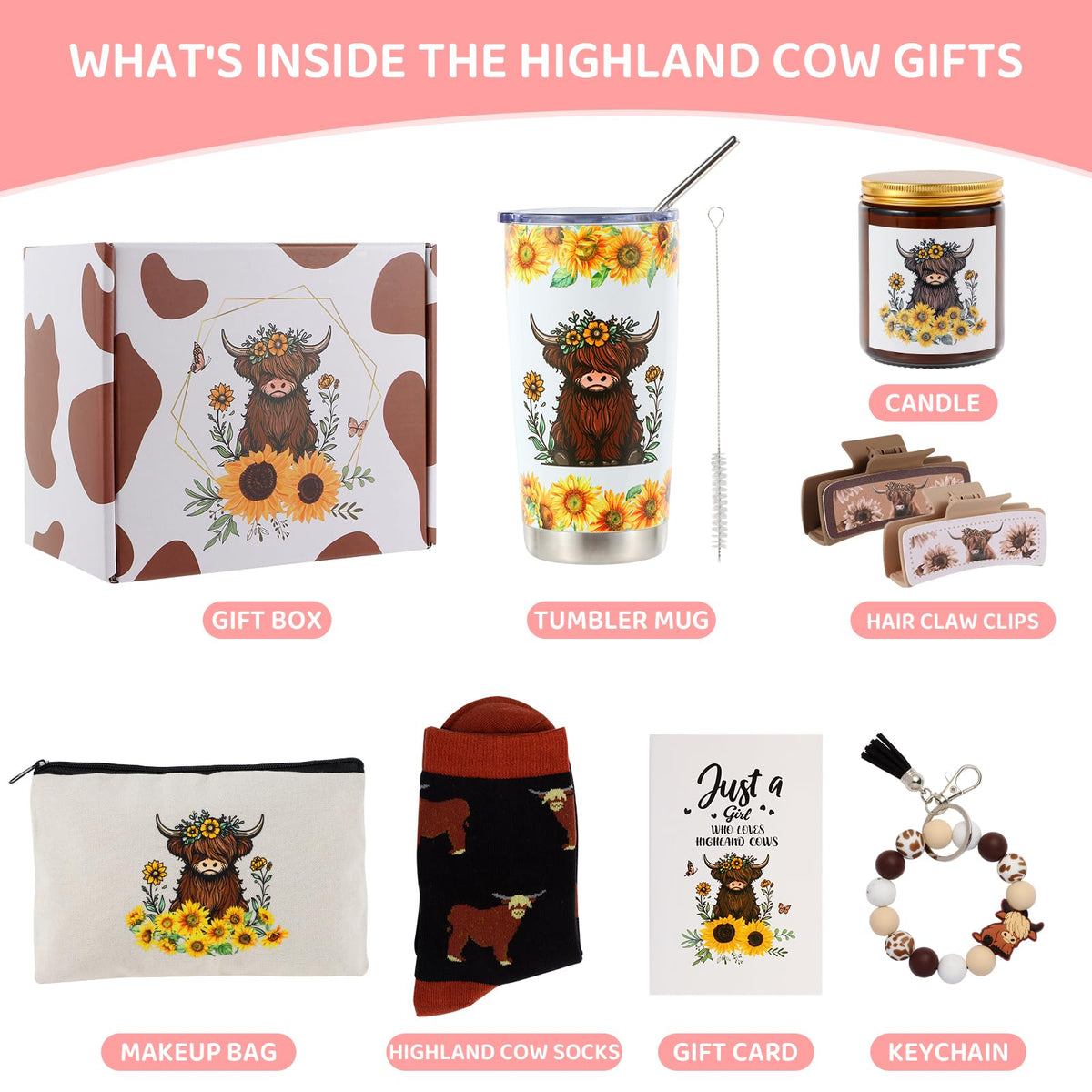 Bayelove Highland Cow Gifts for Women Highland Cattle Stuff Themed Gifts Include Tumbler Mug Makeup Bag Hair Claw Clips Keychain Socks Card for Highland Cow Lover Birthday Christmas