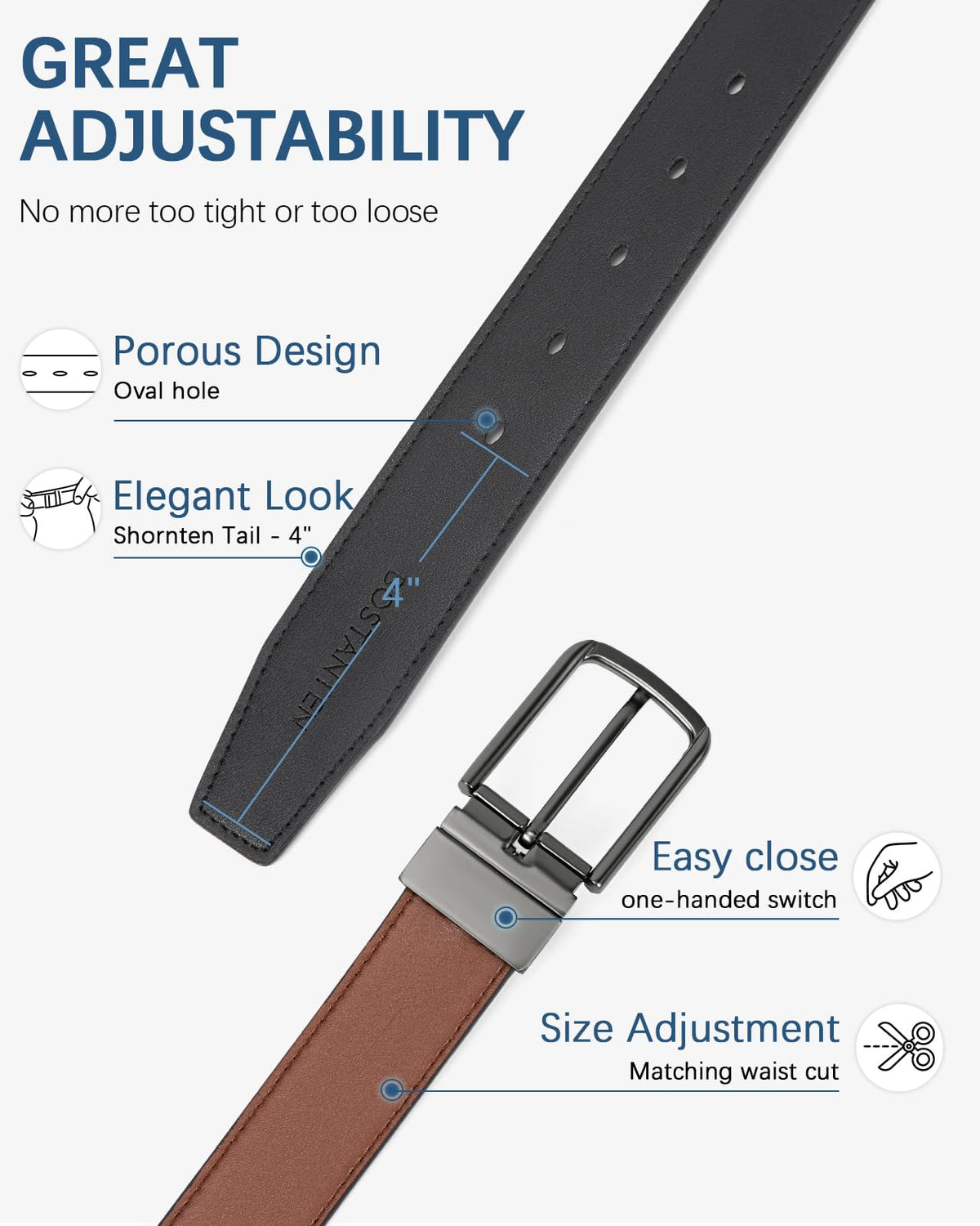 BOSTANTEN Belt Men Leather Reversible Belts for Men 1 3/8" for Casual Golf Dress Pants, Two-in-One Belt Gift