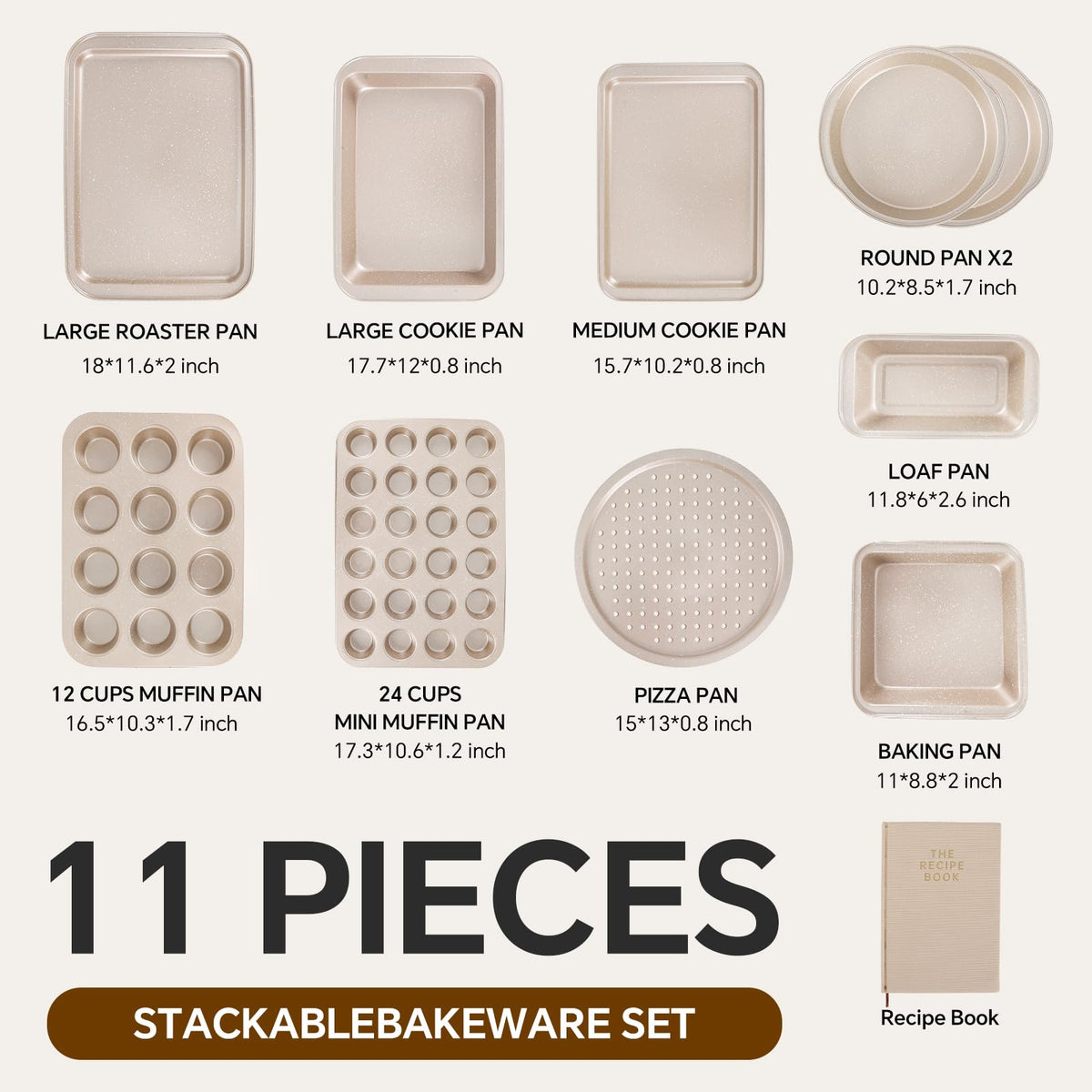 FLAREFX 11 Piece Baking Set | Nonstick & Non Toxic Bakeware Sets Baking Pans Set | Carbon Steel Baking Supplies Include Notebook, Cookie Sheets, Roasting Pan, Muffin Pan, Cake Pan, Pizza Pan, Loaf Pan