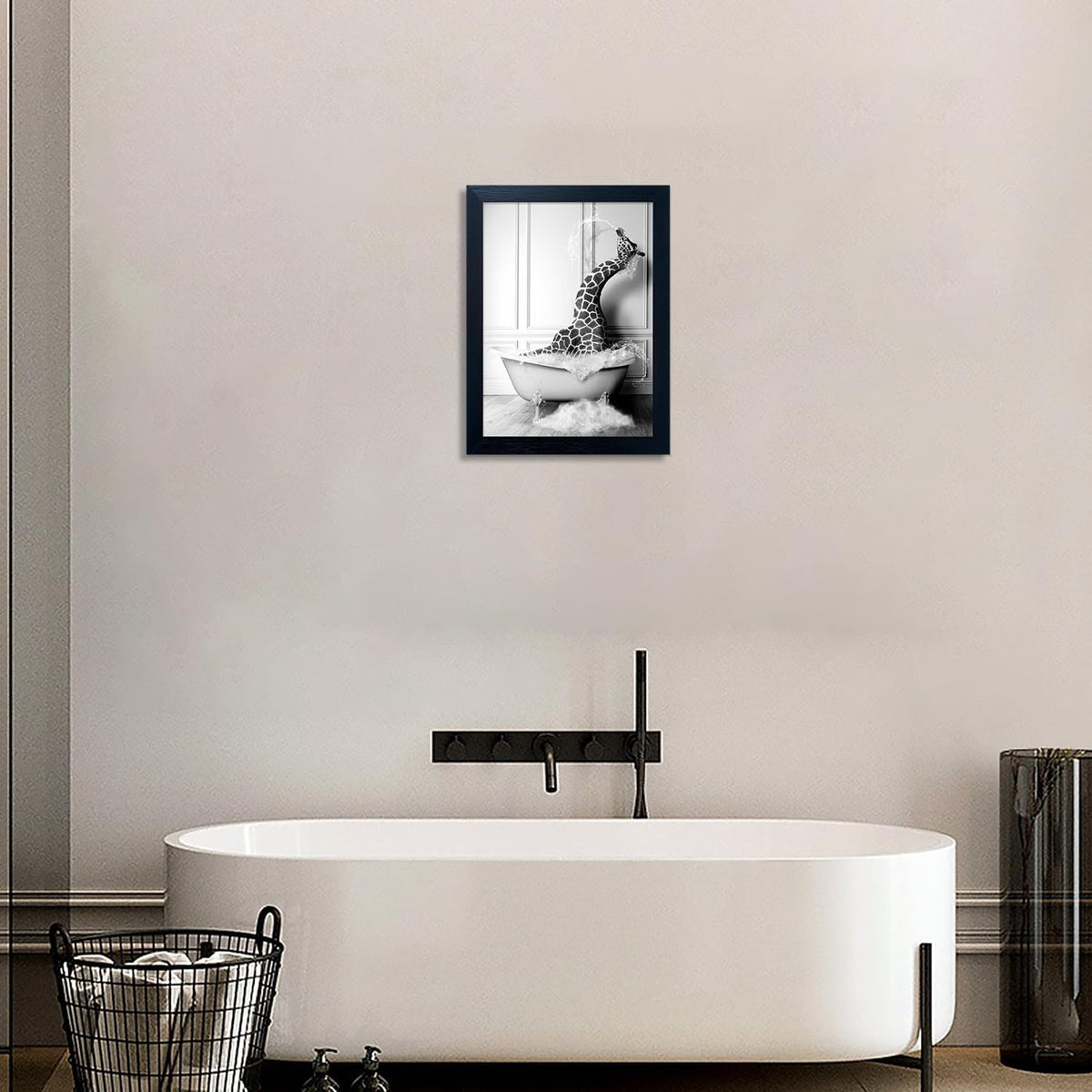 Skiennix Framed Animal Bathroom Wall Art - Funny Giraffe in Bathtub Canvas Print | Black and White Decor for Kids' Bathrooms