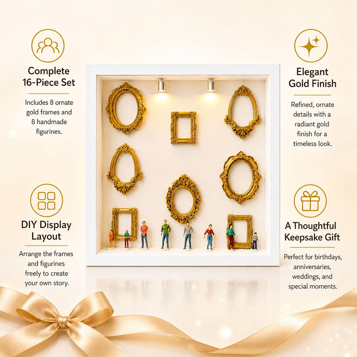 DIY Mini Museum Shadow Box Frame Kit, Personalized Museum of Us Silhouette Display with 8pcs Mini Gold Frames & 8pcs Mini Figurines, Custom Family Memory Box for Wedding, Anniversary & Home Decor