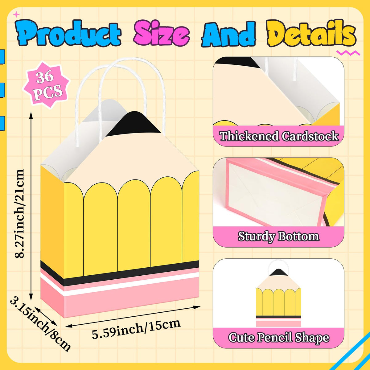 FEBSNOW 36Pcs Teacher Appreciation Gift Bags,Teacher Gift Bags with Handles Back to School Treat Bag Bulk Pencil Paper Bag for Teachers Appreciation Week End of School Year Classroom Party Decoration