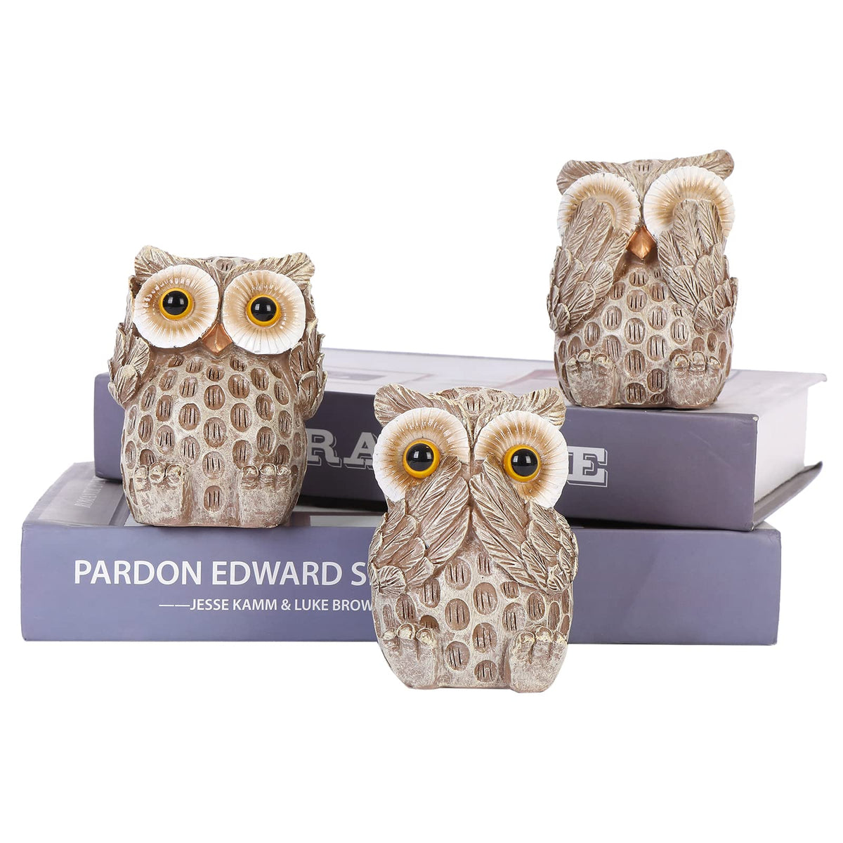 FriyGardcn Set of 3 Owl Statues Home Décor, Cute Owl Figurines for Shelf, Living Room Bedroom Office Desktop, Bookshelf, Animal Sculptures Gifts,Small Decor Accents Items for Birds Lovers