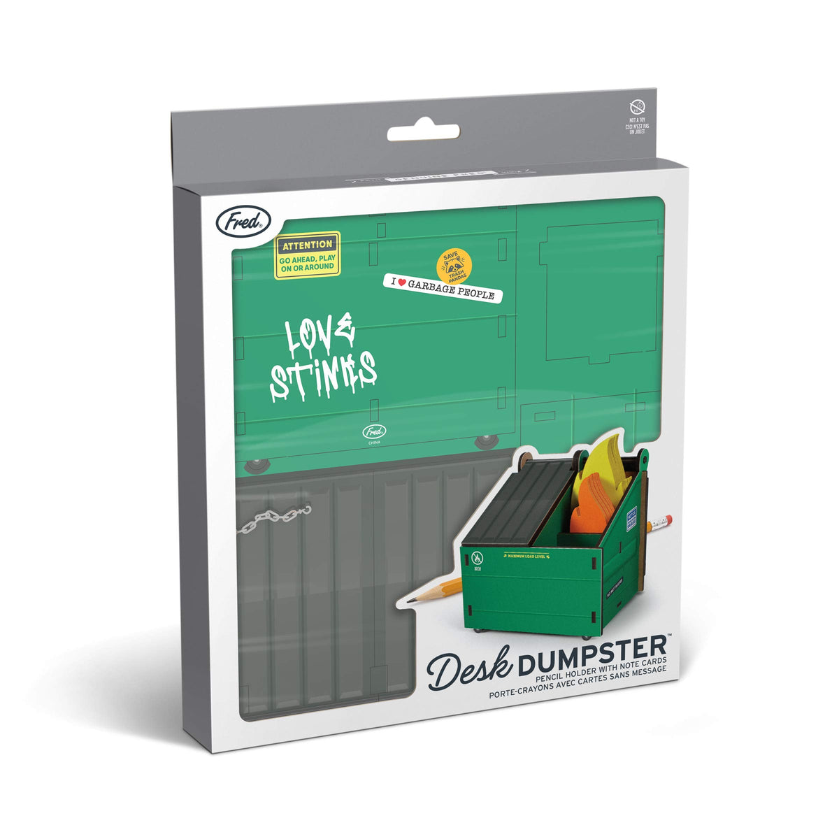 Genuine Fred Desk Dumpster Pencil Holder with 100+ Flame Note Cards, Funny 3-Compartment Organizer for Office Supplies, Desk Caddy for Work or Home