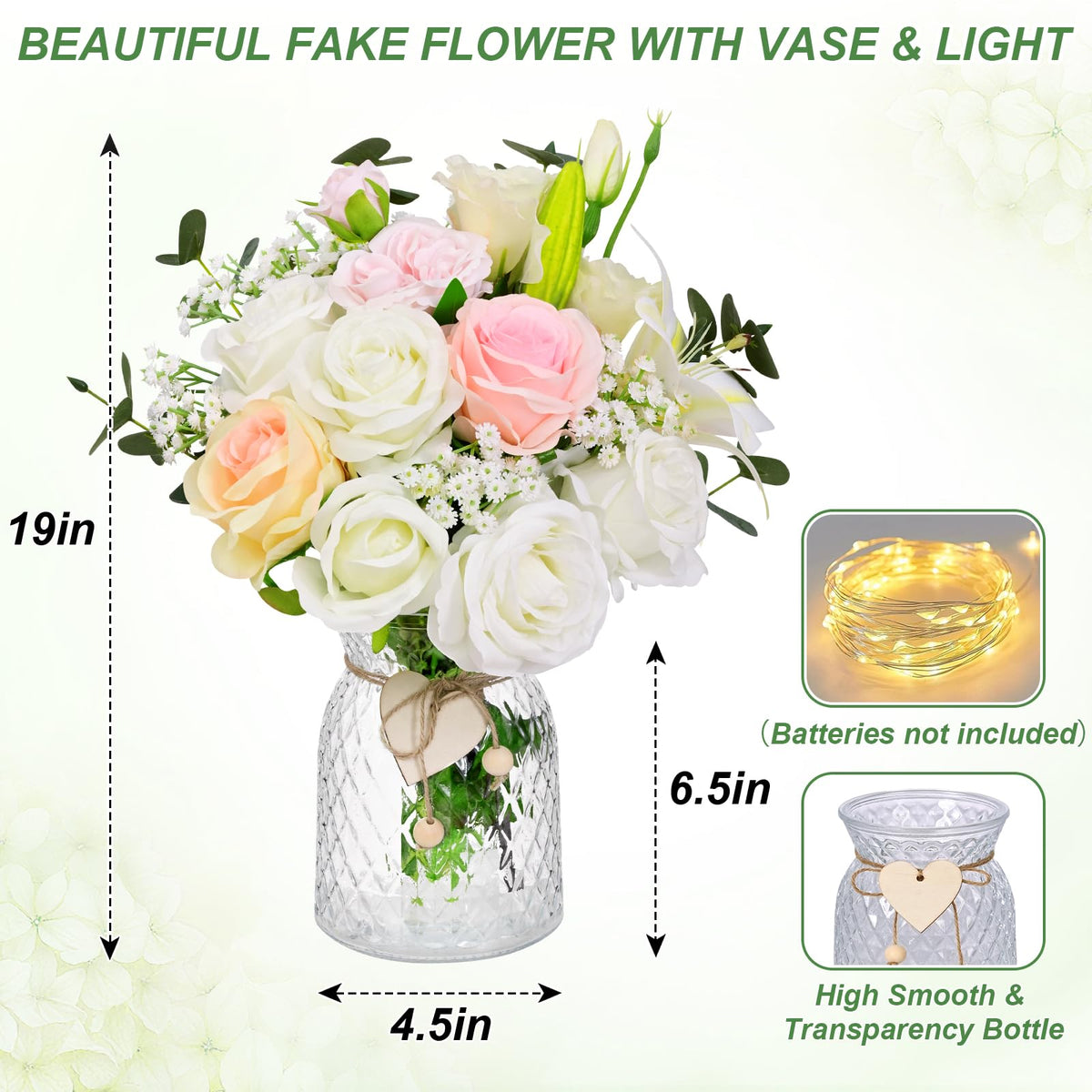 Livole 22Pcs Fake Flowers with Vase Silk White Artificial Flowers in Vase with Light Fake Plant Eucalyptus Flower Arrangement for Table Centerpieces Decor for Living Room Coffee Home Farmhouse