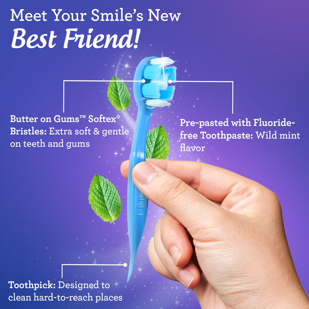 GuruNanda Ready-to-Go Disposable Mini Travel Toothbrush - Butter on Gums Softex Bristles, Prepasted Toothbrush & Toothpick - Fluoride-Free, No Rinsing Needed, Individually Wrapped, 70 Ct